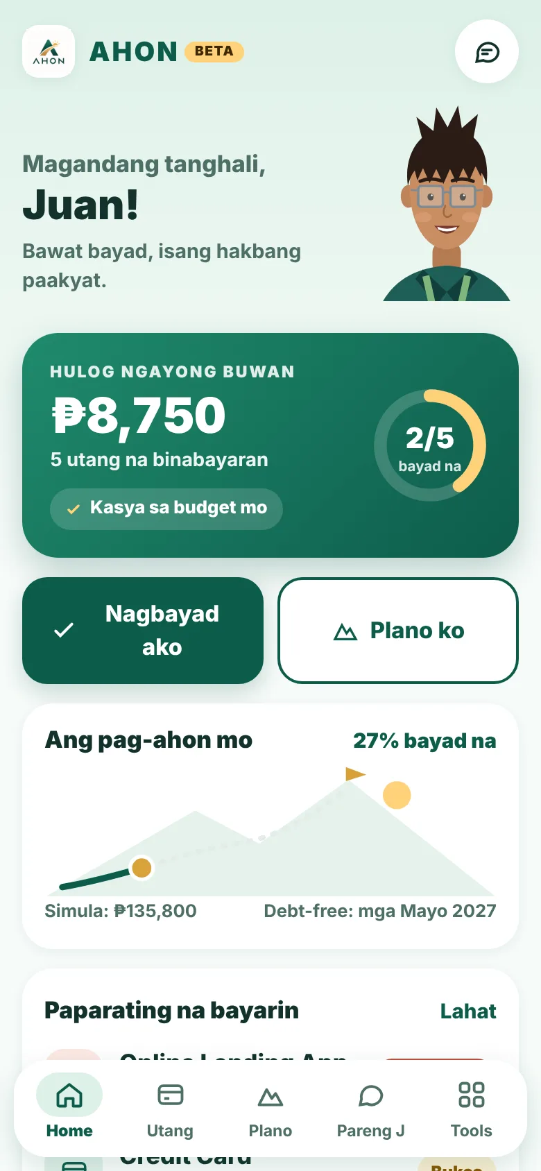 Home screen ng AHON: hulog ngayong buwan, pag-akyat sa bundok, at paparating na bayarin