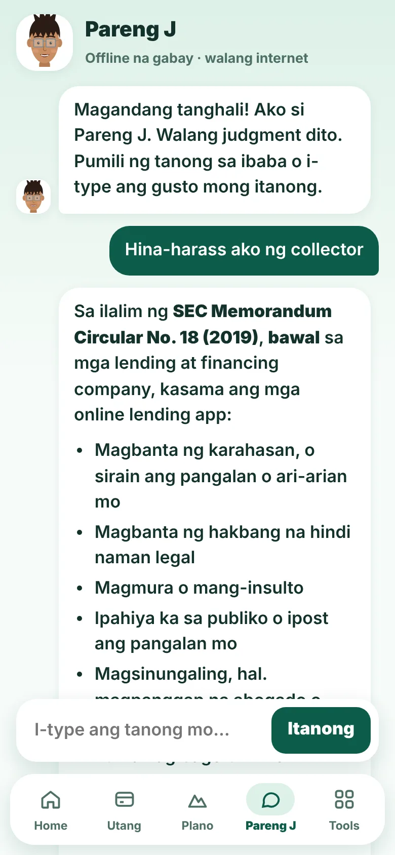 Si Pareng J sa loob ng app, sumasagot tungkol sa panghaharass ng maniningil